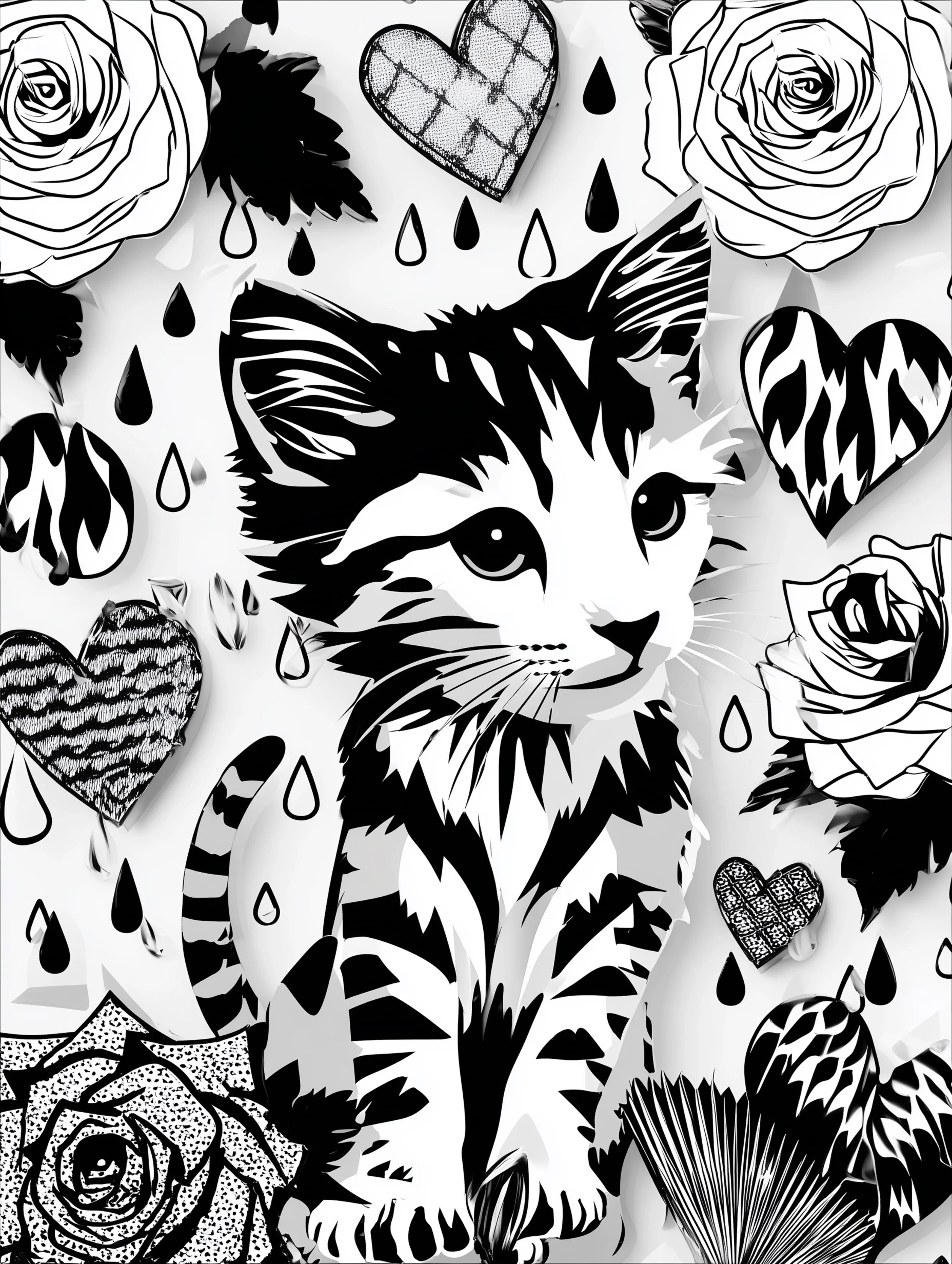 Free printable cats coloring page featuring rain dripping next to a cat
